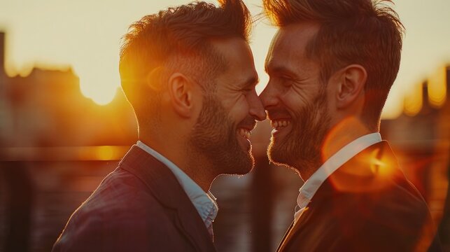 Pareja de chicos  gays  bes&aacute;ndose y disfrutando en u a fiesta, concepto matrimonio gay.