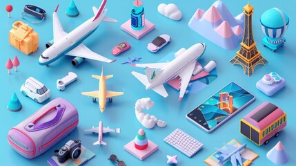 Concepto de viajes, equipos, transporte y aerolíneas destinadas al turismo vacacional. Diseño colorido 3D.
