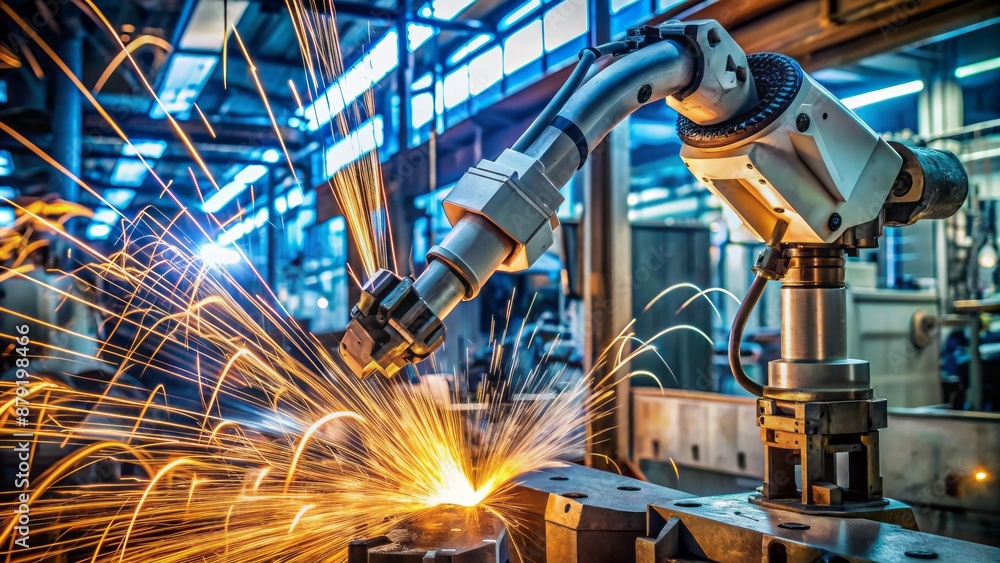 Poster robotics arm precision welds metal component during automated system diagnostic test, sparks flying,