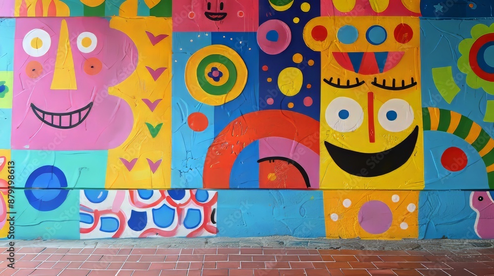 Poster vibrant and cheerful wall mural featuring a collection of smiling faces and abstract shapes, creatin