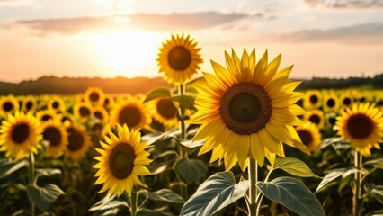 Fototapeta premium Bright and Beautiful A Sunflower Field at Sunrise