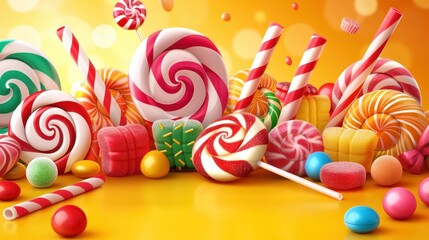 A colorful assortment of different candies including lollipops, gummies, and hard candies on a vibrant background.