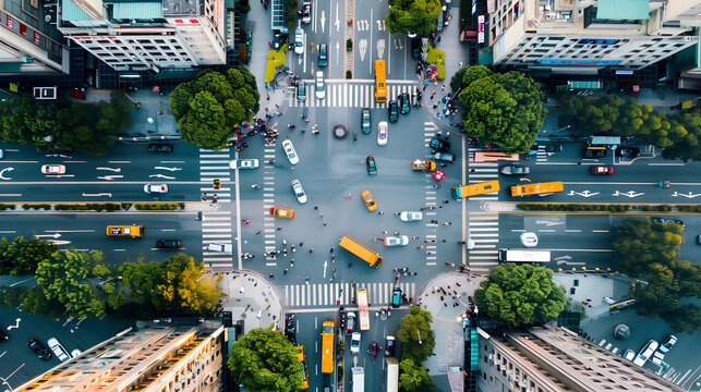 Aerial view of busy urban intersection with buses, cars, and pedestrians