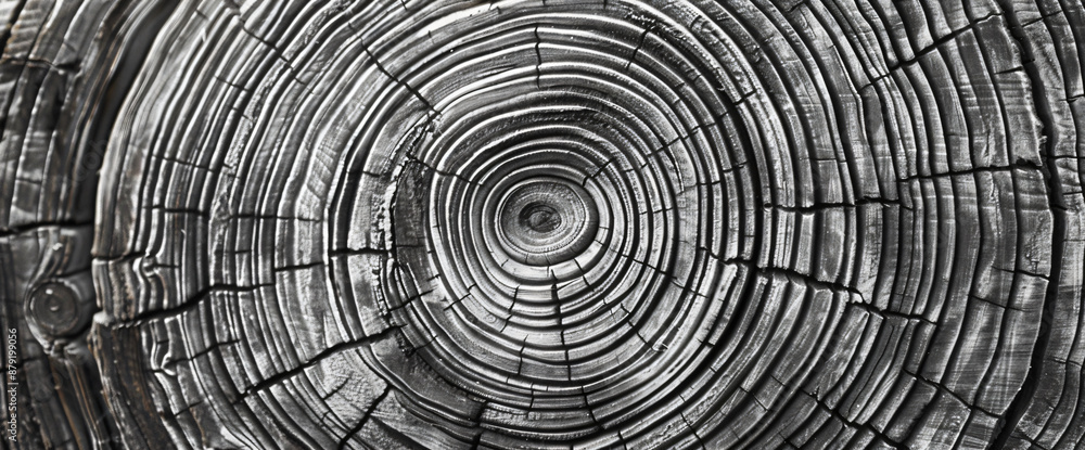 Poster abstract wood grain pattern background, circular rings resembling a tree trunk texture in monochrome