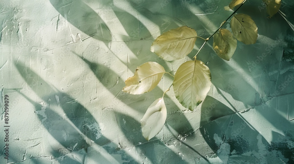 Poster sunlight filters through leaves, casting shadows on a textured surface, creating a serene autumn sce