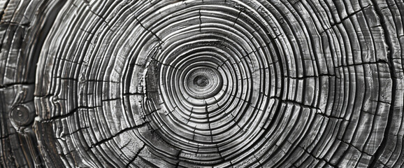 Obraz premium Abstract wood grain pattern background, circular rings resembling a tree trunk texture in monochrome.