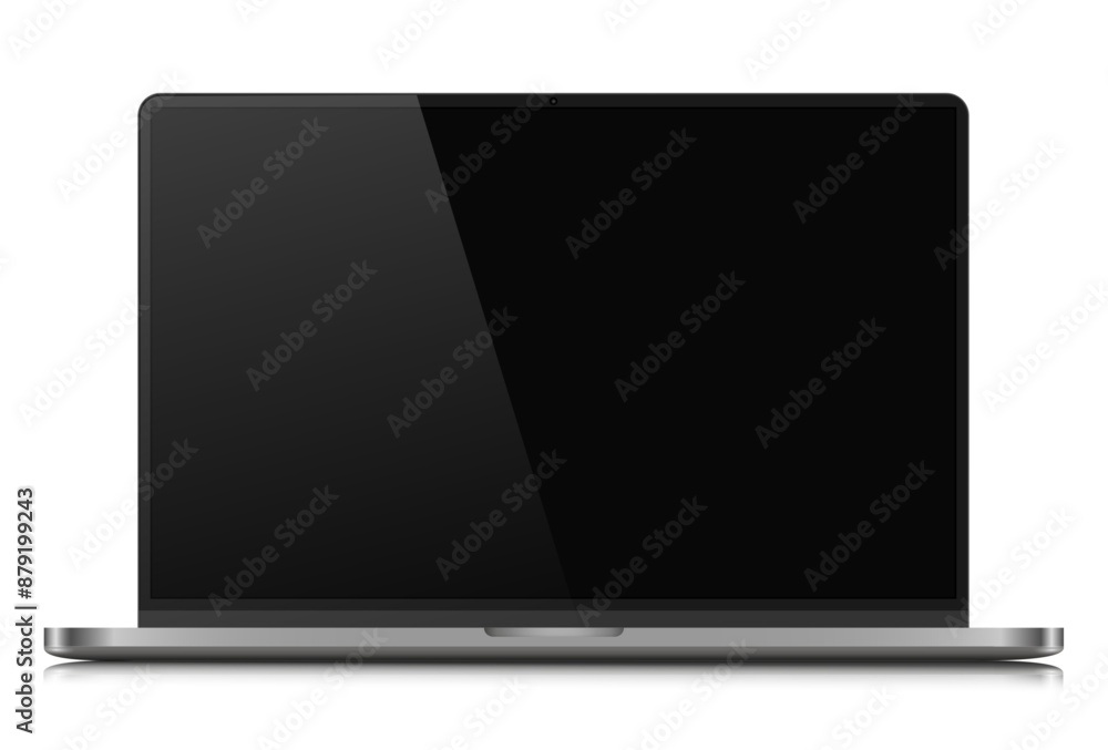 Poster a laptop with an empty black screen with a glare on a white background. realistic laptop layout with