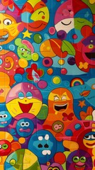 Wall covered in colorful tiles featuring a variety of cartoon faces smiling and laughing, creating a cheerful and playful atmosphere
