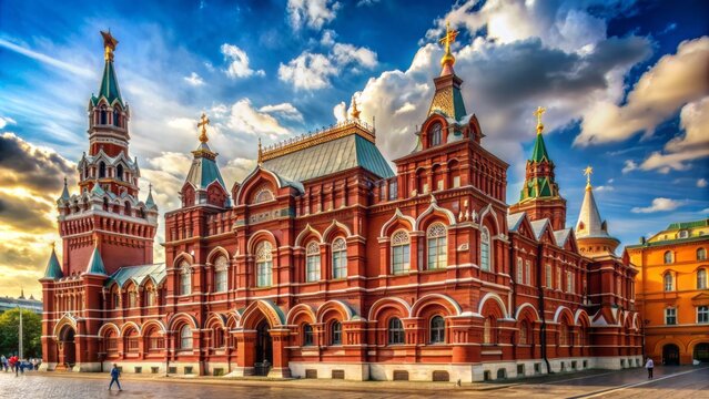 Grandeur of a historical Moscow museum serves as a majestic backdrop for a lonely photographer's eclectic composition of nostalgia.