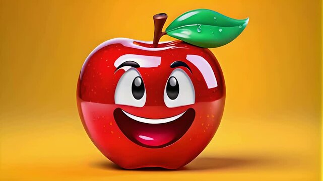 3d glassy a fruit apple funny smile on a yellow background