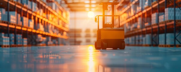 Warehouse interior at sunset with a forklift and shelves full of boxes. Smooth reflective floor and modern lighting setup.