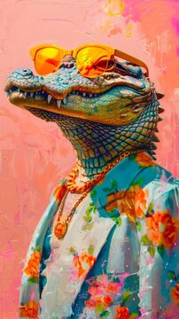 Cocodrilo con gafas, y camisa hawaiana, veraneando en vacaciones,  concepto de verano y disfrute tropical. Concepto de Imagen humor&iacute;stica g&aacute;nster pop.