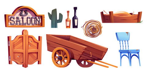 Wild west saloon elements collection. Cartoon vector set of western bar objects - wooden double doors and sign, wood horse cart and feeder with hay, tumbleweed and cactus, bottles and chair. © klyaksun