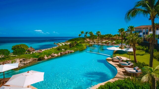 Hotel con piscina en maravillosa playa tropical, colorida e iluminada por el sol.