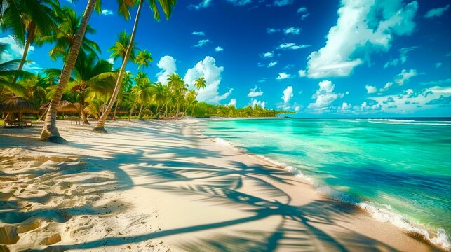 Maravillosa playa tropical, colorida e iluminada por el sol.