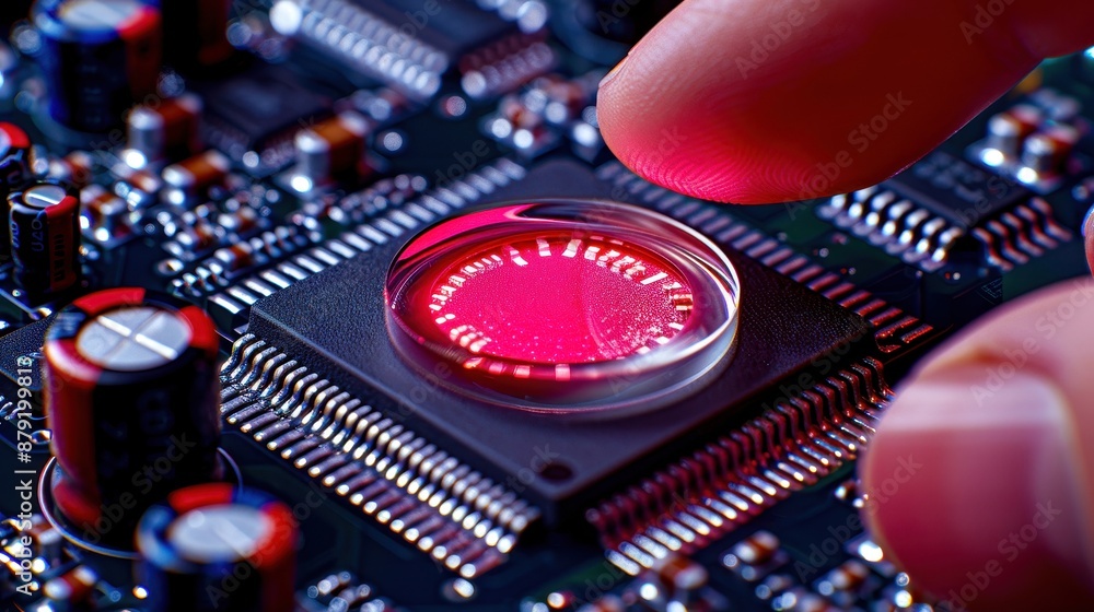 Poster close-up of a finger touching a microchip on a circuit board, highlighting semiconductor technology 