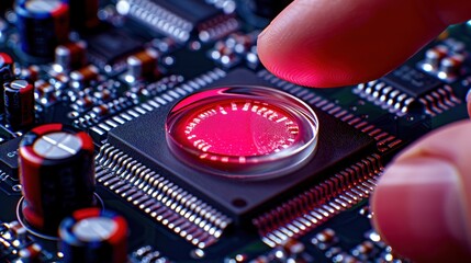 Close-up of a finger touching a microchip on a circuit board, highlighting semiconductor technology and electronic components.