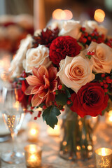 Obraz premium Beautiful flower arrangement decorating wedding reception table