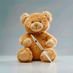 Obraz premium Vacunación infantil, osito de peluche con una jeringuilla entre sus brazos. Concepto de salud y pediatría.