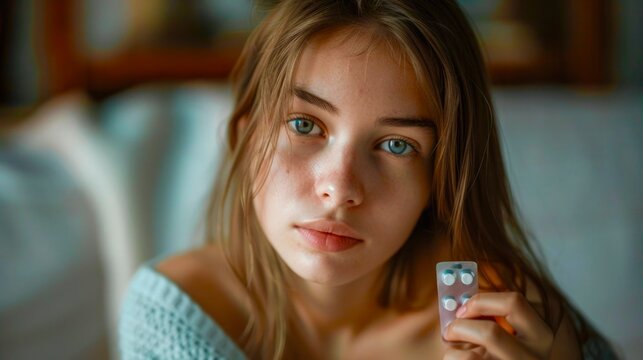 Joven mujer bella con las pastillas anticonseptivas en mano, concepto de salud en la juventud