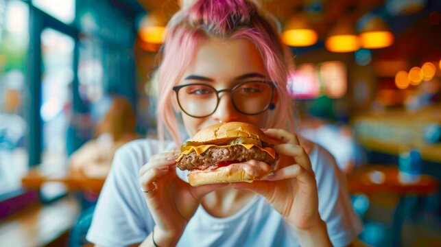 Mujer joven, con el pelo rosa, mordiendo, ferozmente, una superhamburguesa. Concepto de nutrici&oacute;n y salud.