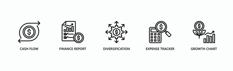 Financial Management Banner Web Icon Vector Illustration Concept With Icon Of Cash Flow, Finance Report, Diversification, Expense Tracker, Growth Chart