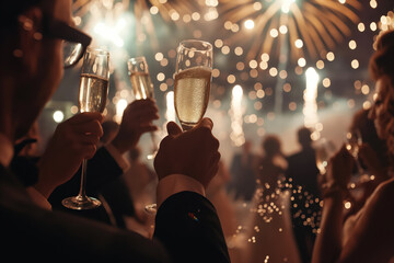 Group of friends toasting with champagne celebrating during fireworks display