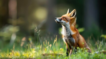 Fox on the green forest meadow
