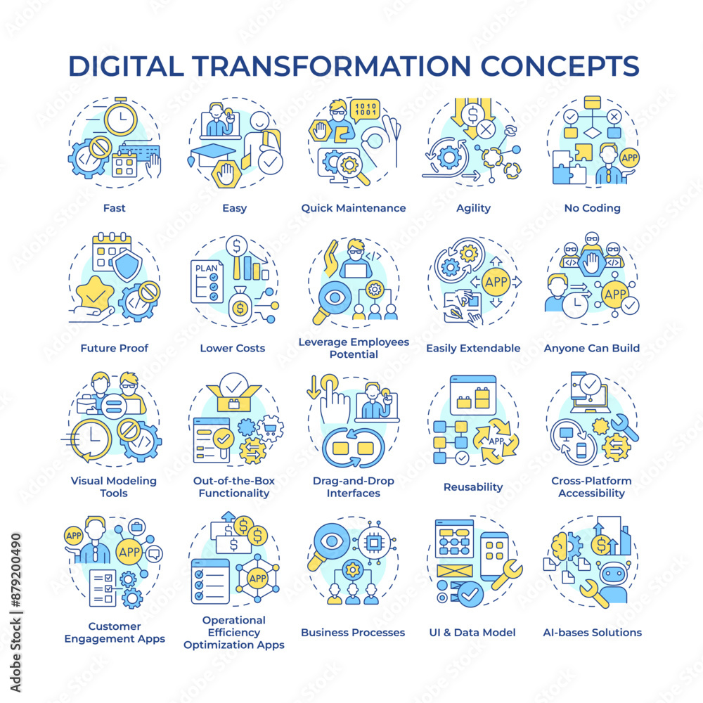 Poster digital transformation multi color concept icons. implementation of digital technologies. business p