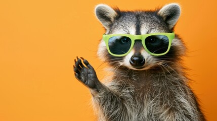 Obraz premium Funny raccoon in green sunglasses showing a rock gesture isolated on orange background