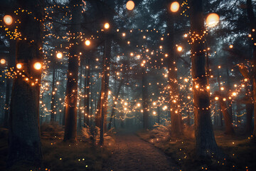 Magical forest path illuminated with fairy lights at twilight