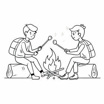 recommend clip art: two boys roasting marshmallows a campfire in a line art vector illustration isolated on a white background 
