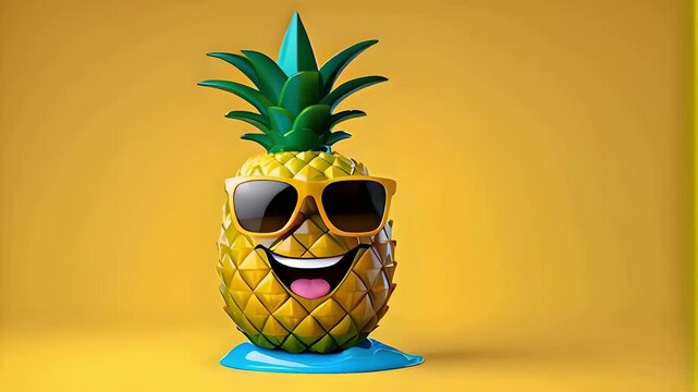 a fruit pineapple cool glass wearing cartoon on a yellow background