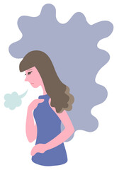 胸に手を当ててため息をつく女性の横顔とモヤモヤした心象を表す背景のベクターイラストレーション