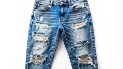 Distressed edge of frayed blue denim jeans with ripped threads and frayed hems against a clean white background. - Powered by Adobe