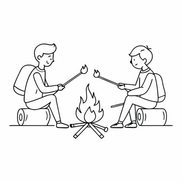 recommend clip art: two boys roasting marshmallows a campfire in a line art vector illustration isolated on a white background 