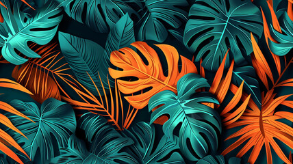 Vibrant Tropical Leaf Pattern - Bold and Colorful Monstera and Palm Leaves in Striking Teal and Orange Hues on a Dark Background, Perfect for Modern Botanical Designs and Nature Themes, Tile
