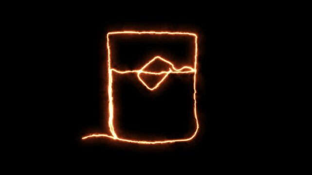 whiskey glass with ice cubes ,Self drawing animation one continuous line draw, logo, Blazing  flame, energy, fire