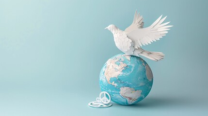 2D paper crafts art depicting a white dove flying over a globe with peace signs in minimal style Stock Photo with copy space