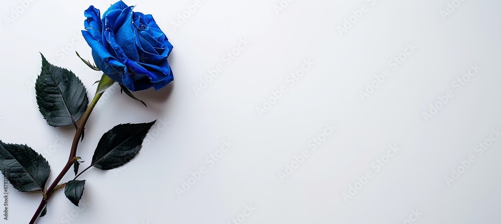 Sticker blue rose on white background, copy space for text