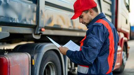 Inspection of commercial truck at safety checkpoint with officer