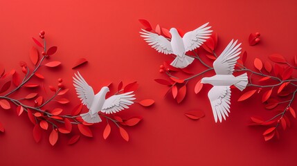 Obraz premium 2D paper crafts art featuring a peace banner with olive branches and doves in minimal style Stock Photo with copy space