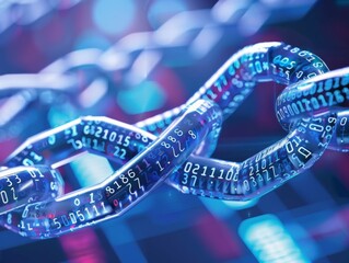 Closeup digital blockchain technology concept chain link with binary code on vibrant blurred background.