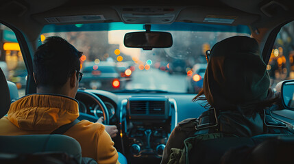 Interior of ride-sharing car with passengers conversing and friendly driver