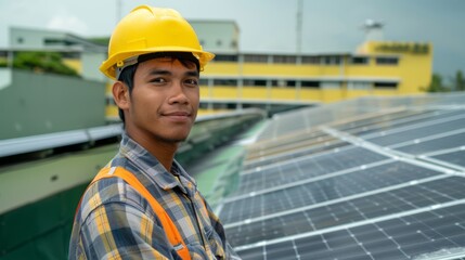 Obraz premium A confident worker in a yellow hard hat and safety vest inspects solar panels on a rooftop installation site.