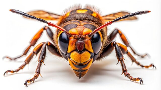 Large, deadly Asian giant hornet with distinctive orange and black stripes isolated on a pure white background, menacing.