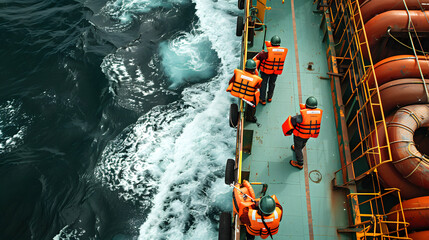 Maritime safety drill on cargo ship with crew donning life jackets