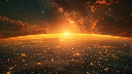 Naklejka premium Glowing sunrise over Earth's horizon from space with city lights, stars, and galaxies in the background.