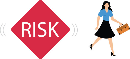 Risk averse, avoid or minimize risk, run away from uncertainty, fear or safety decision for investment, prefer security or stability concept, businesswoman investor run away from risk collapsing box