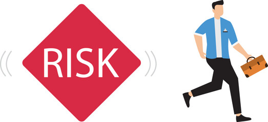 Risk averse, avoid or minimize risk, run away from uncertainty, fear or safety decision for investment, prefer security or stability concept, businessman investor run away from risk collapsing box